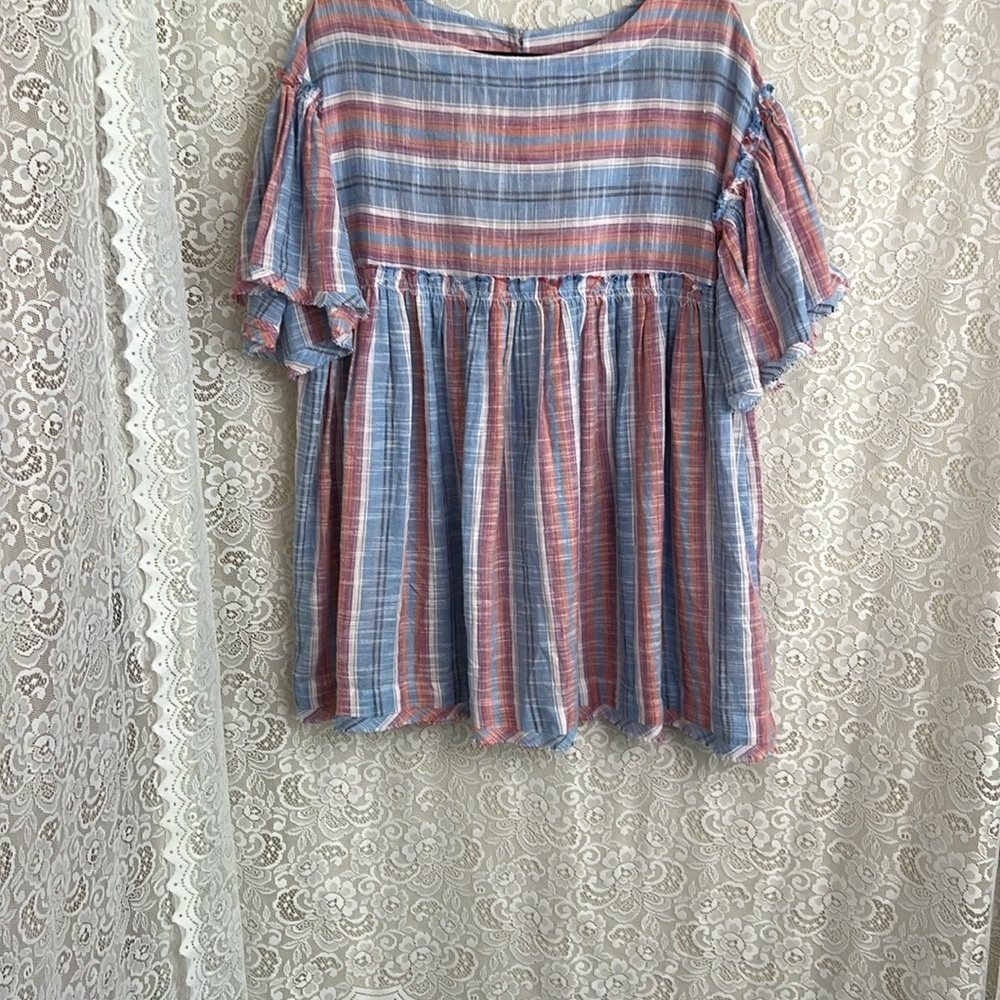Free People Blue and Pink Ruffled Blouse